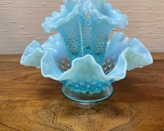 Fenton Hobnail Ruffle Edge Blue Candy Dish 