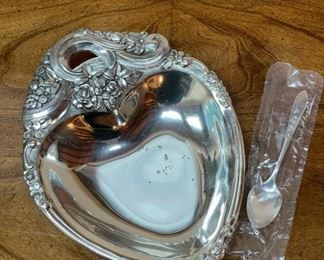 Silver plate heart shaped serving dish with small spoon