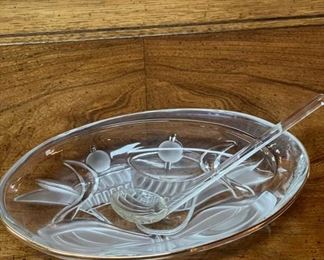 Glass serving dish with spoon