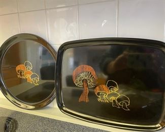 Vintage Mid-Century Modern Couroc of Monterey California Mushroom Serving Pieces - Original Paper Label on Back 