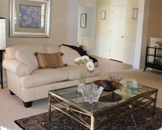 Baker Sofa, Framed Floral, Coffee Table with Glass Top, Decorator Items