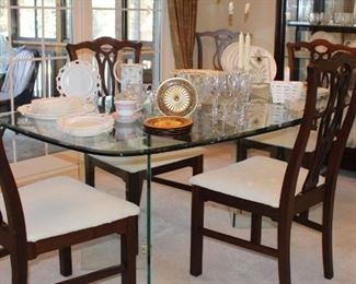 Bassett Chairs, Dining Table, Lace Edge, Stemware, Peacock Dishes