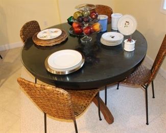 Dishes, Chargers, Tiered Dessert Server, Green Bowl, Wood Pedestal Table, Dishes and Weaved Chairs