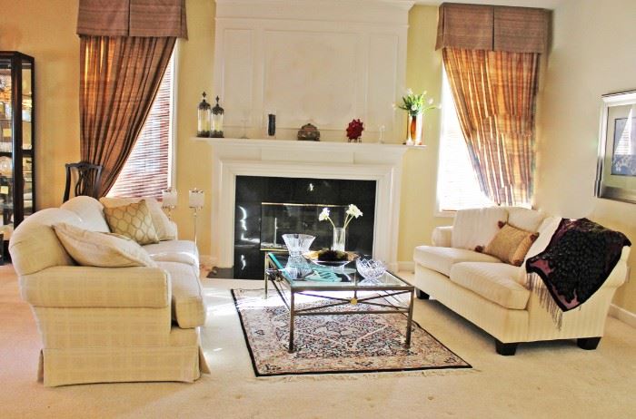 Great Room Overview, Baker Pearson Sofas, Glass Top Table, Vases, Crystal Bowls, Lamps, Throw