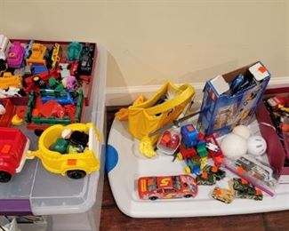 Fisher Price, Legos, Webbles, Matchbox Cars, Race Car, Plastic Soldiers, Toy Army Tanks