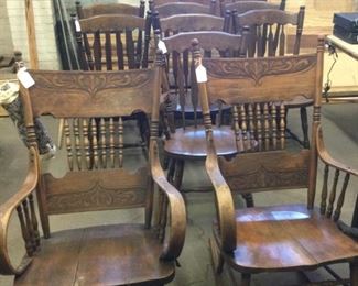 Pair of antique pressed back rocking chairs and set 6 side chairs and 1 arm chair