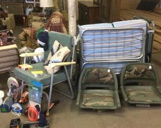 Vintage aluminum folding chair, folding cot, 2 camo boat seats and toys