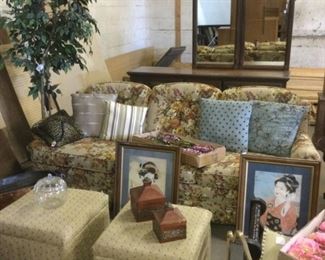 Vintage sofa in great sharp, vintage oriental matted and framed prints 