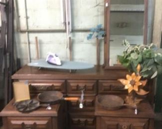 Vintage dresser with 2 side night stands and black iron pots
