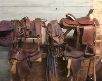 Custom made saddle stand, 3 saddles, hackamore bridles, breast straps and other tack