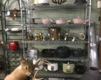 Large rolling shelving unit, neat vintage stand mixer with milk glass bowls, other appliances and pottery Lisa a 3 pieces