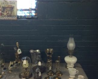 Vintage Demitasse cups and saucers and milk glass lamp