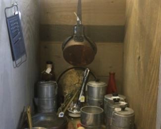 Vintage cooper pots, rolling pins and drip coffee pots