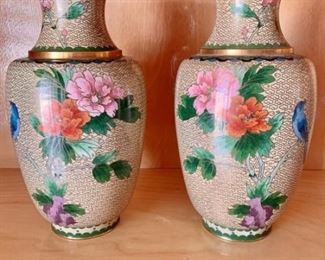 Pair Cloisonné Enamel Chinese 10in Vases