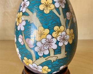 Vintage Cloisonné Enamel Egg on Wood Stand