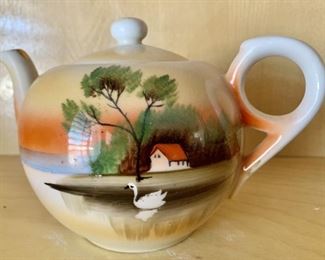 Hand Painted Japanese Teapot, Tranquil Rural Scene