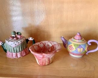 (3) Whimsical Ceramic: 2-Teapots, 1-Flower Vase