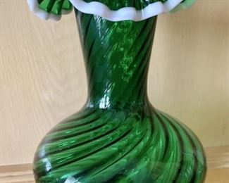 Green Swirl Art Glass Vase with White Rim