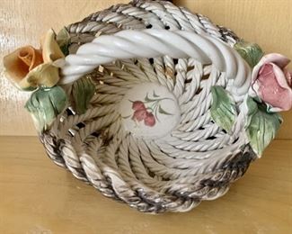 Porcelain Handled Basket with Roses, Made in Italy