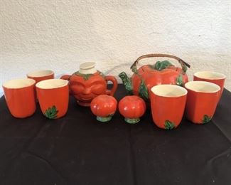 Hand Painted Ceramic Tomato Teapot, Sugar, PLUS
Salt & Pepper & 6 Cups
By Moriyama Mori-Machi of Japan