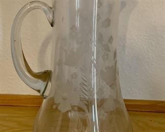 Vintage Tall Etched Glass Pitcher