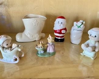 (6) Figurines: Santa & Packages, S & P Shakers, 
2 Hallmark Ornaments, a Cowboy Boot and Forest Friends 'A Springtime Stroll'
