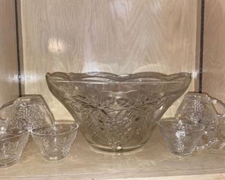 Pressed Glass Punch Bowl with Ladle & 12 Cups