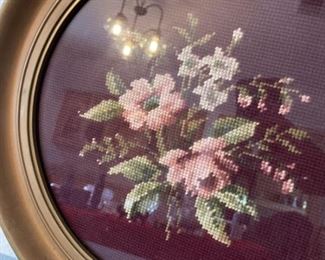 Framed Needlepoint Floral Wall Hanging, 1987
Made by Hand
About 15in Diameter