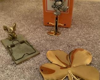 (3) Brass and Pewter Decor, 4 Leaf Clover Dish, Clown on Unicorn FIgurine, & Mouse Trap Sculpture