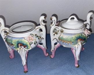 Pair of Asian Porcelain 3 Legged Vessels, 1 Lidded