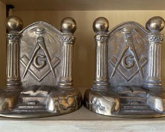 Pair Rare Heavy Solid Brass Freemason Bookends