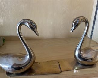 Pair Brass Swan Bookends