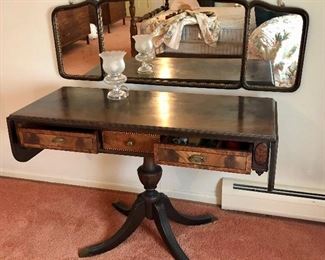 Antique Berkey & Gay Furniture Co. vanity in great condition, beautiful "Flame" wood accents, drop leaf and claw foot (mirror sold separately)