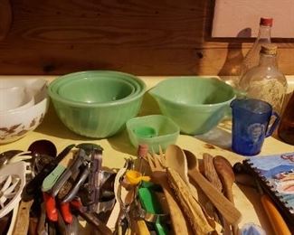 Jadeite, pyrex, vintage utensils, syrup bottles, shirley temple blue creamer