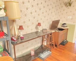 GLASS AND METAL TIERED SOFA TABLE/ENTRY TABLE.