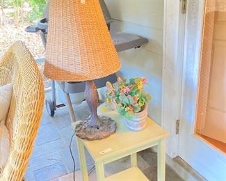 VINTAGE LAMP WITH RATTAN SHADE, SHABBY CHIC TIERED TABLE