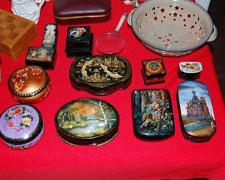 Russian Black Lacquer boxes, one is even a painted sea shell lid