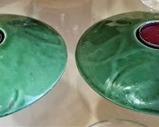 Unusual mid-century modern green ceramic disc candle holders
