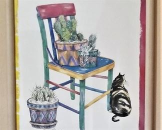 Cat and chair and cactus watercolor art