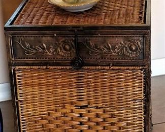 Wicker and metal side table chest. Works so well with the wicker dining set.