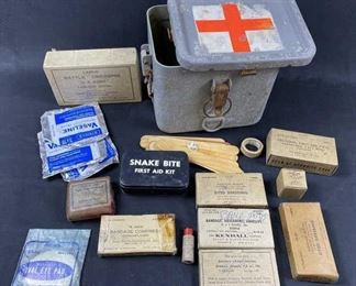 For your consideration is this Navy Box Filled with First Aid Items.  Very cool box filled with old military first aid items including snake bite kit which appears to be complete and in excellent condition.