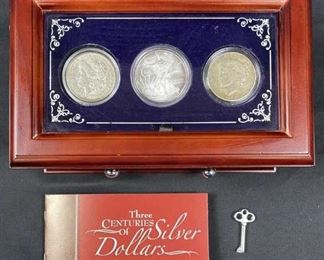 For your consideration is this (3) U.S. Silver Dollar Set in Wooden Box w/ Key.  Very nice set!