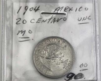 For your consideration is this 1904-Mo Mexico 20 Centavos AU+, Scarce 276k