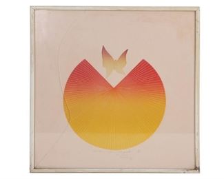 A bright abstract retro print, signed by the artist: Childo, and inscribed: Chrysalis, 7/65, For Georgi,  5.V.72. Framed. This neo suprematist artwork is a vintage piece dated 1972. Contemporary Art and Home Decor. American collectibles.
