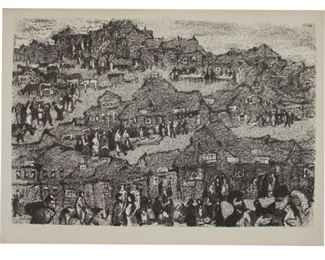 Anatoli Lvovich Kaplan (Russian, Israeli, 1903-1980) original black and white lithograph on paper, Bazaar, illustration for Sholem Aleichem, Stempenju 20 - Mazepovka, 1967. Signed in pencil, lower right. Titled in pencil, lower left. Throughout his life, Anatoly Kaplan's work was closely associated with Jewish folklore and Yiddish literature; he illustrated the works of a number of Jewish writers, including the classics of Jewish literature, as well as Jewish folk songs.
