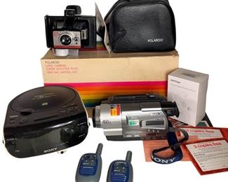New Old Stock Polaroid Camera, Video Camera, and Walkie Talkie