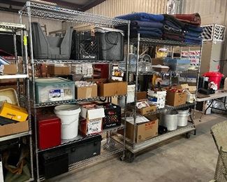 tool boxes, moving blankets, buckets of tools, house. hold