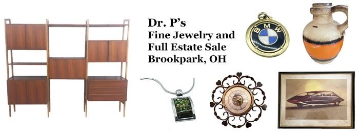 Dr. P's Fine Jewelry and Full Estate Sale, Brookpark, OH
Fine and Costume Jewelry including European gold, silver, diamonds, genuine pearls, sapphire, citrine, coral, sapphire, ruby, and much more. Vintage 18K/750 Signed BMW Logo Pendant. 1960's Mid Century Walnut Yugoslovain wall unit, German Pottery, Crystal, and Fine China, National Manual cash register. Fitness equipment (including a row machine and bike), Rare Art Nouveau Phoenix Sewing Machine, a Pacific Gun Sight Co. shotgun reloading station, a patio furniture set, and a selection of tools. Rare 1950 Strother Macminn American Series for Dupont Futuristic Car Print, MCM Scheurich-Keramik 486 Fat Lava Jug/Vase