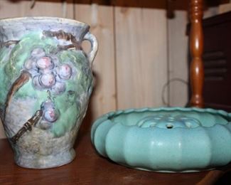Weller vase; Van Briggle flower bowl and frog