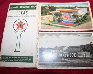 1940 Texaco touring map; vintage Magnolia postcard and Esso postcard